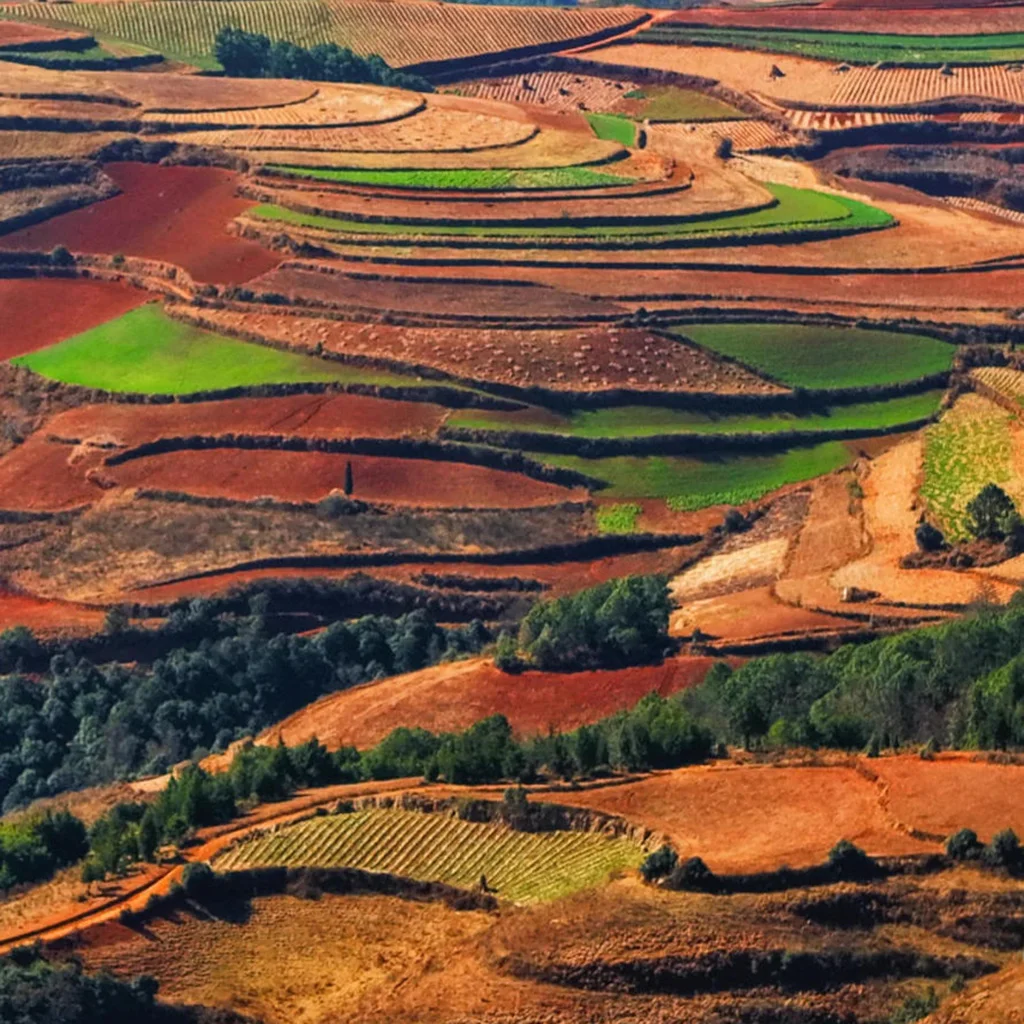 Dongchuan Red Land 雲南昆明著名景觀 東川紅土地 的梯田景色。起伏山坡上分布著紅色土壤與不同作物田地,形成紅、綠、黃與棕色交錯的自然色塊。層層農田沿著山勢延伸,呈現出壯觀而富有層次的高原農耕景觀。