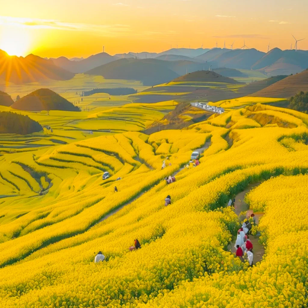 Jietou rapeseed flowers 騰沖界頭油菜花梯田景觀,金黃色油菜花覆蓋層層山坡梯田,蜿蜒小徑穿梭花海之間,遊客漫步其中欣賞壯麗田園風光,遠處山丘與夕陽交織,展現界頭油菜花季節最具代表性的自然景致。