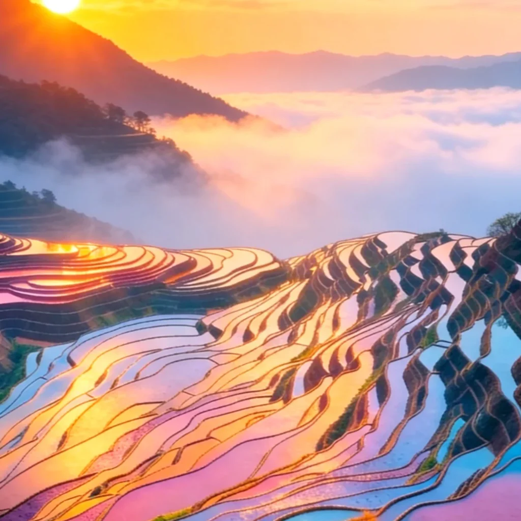 Tiger Mouth Terraces 雲南壯觀梯田景觀 老虎嘴梯田 的日出雲海景色。層層梯田沿山坡蜿蜒展開,水面反射金色朝陽與天空色彩,形成絢麗的光影圖案。遠處群山與雲海交織,呈現哈尼梯田獨特的自然與農耕景觀