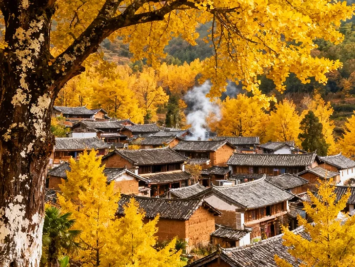 tengchong ginkgo village autumn houses landscape.jpg 金黃色銀杏樹環繞騰衝銀杏村的傳統民居,秋日色彩覆蓋屋頂與山坡,呈現溫暖迷人的景致。