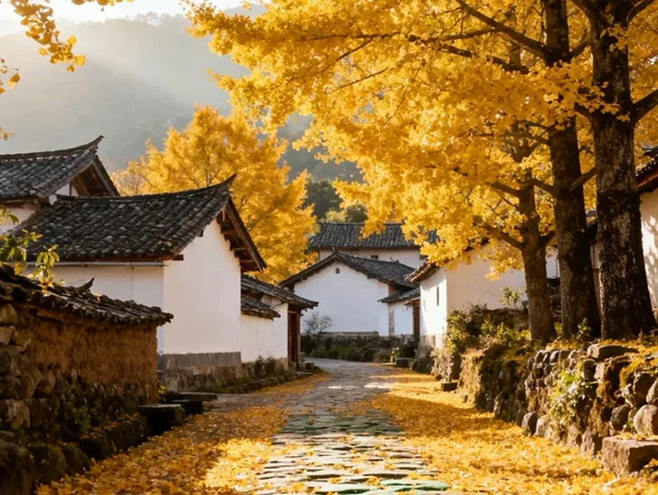 tengchong ginkgo village autumn stone path.jpg 騰衝銀杏村石板小路兩旁是白牆民居與金黃銀杏樹,落葉鋪滿地面,營造寧靜優美的秋日氛圍。